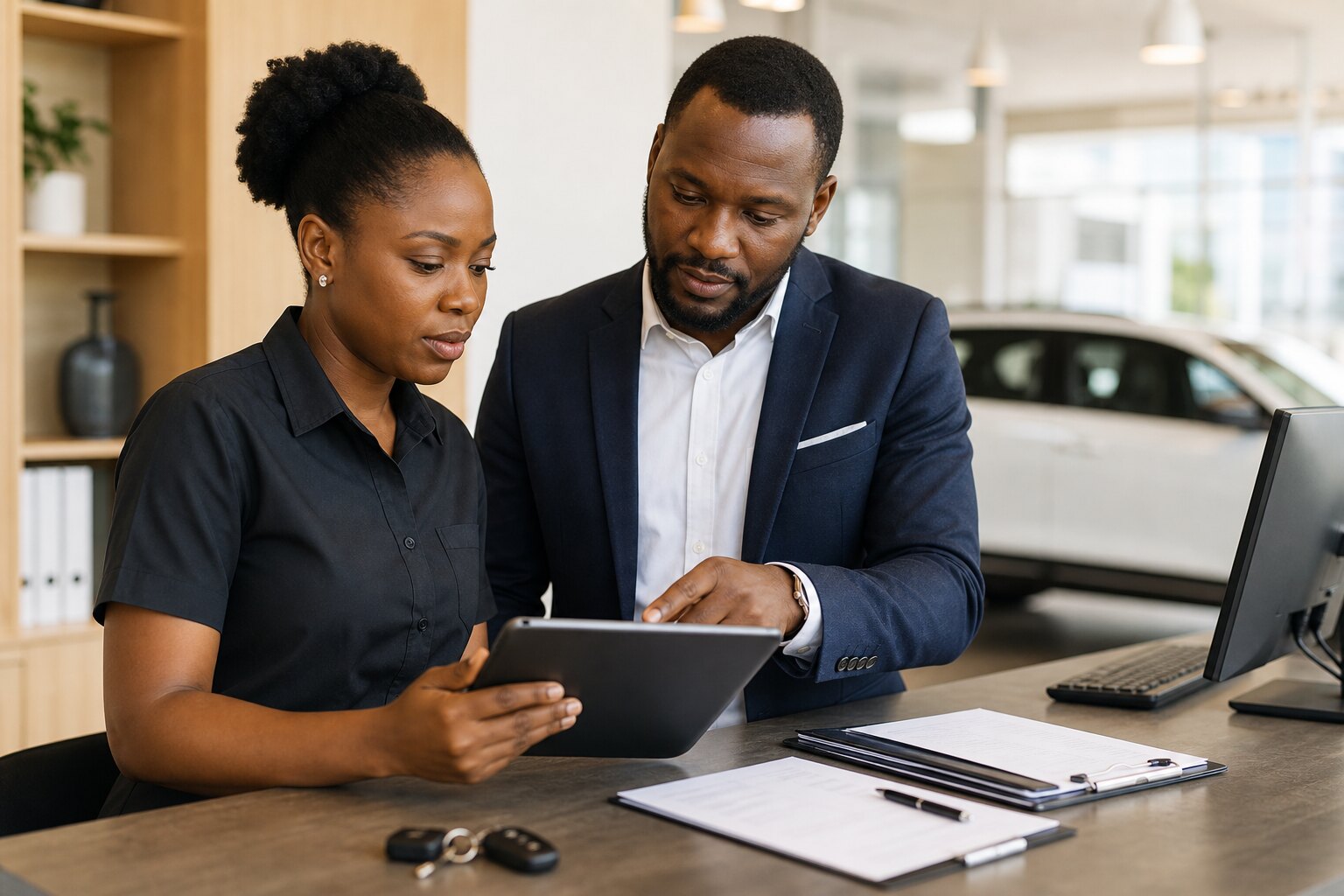 Équipe automobile configurant la gestion d'une flotte sur tablette